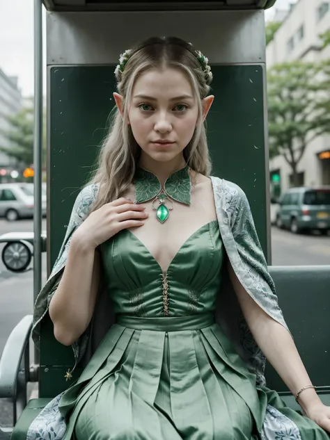 **Prompt:** Compose a scene where a realistic elf is waiting at the bus stop. Describe her as she observes the movement around her, revealing details about her appearance, attire, and behavior. Consider how she interacts with other passengers, if theres an...