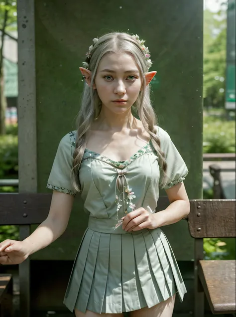 compose a scene where a realistic elf is waiting at the bus stop. describe her as she observes the movement around her, revealin...