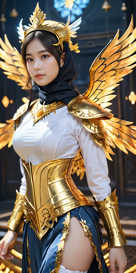 Female, 20 years old, short black wavy hair、bangss、Puffy nipple、(White Turtleneck Knit), (( long sleeve underwear)), (Gold long skirt), long White stocking, cute face,Japanese cute teen girls long dress in white and gold with wings and a sword, (wearing hi...