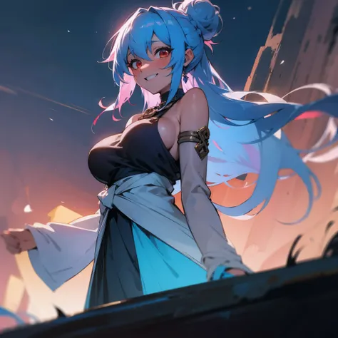 1female, adult, big breast, tan skin, finely detailed red eyes, long curly hair with messy bun, pale blue hair color, loose open yukata, evil grin, blushing, standing on open trail, waterfall, night, allured expression, village