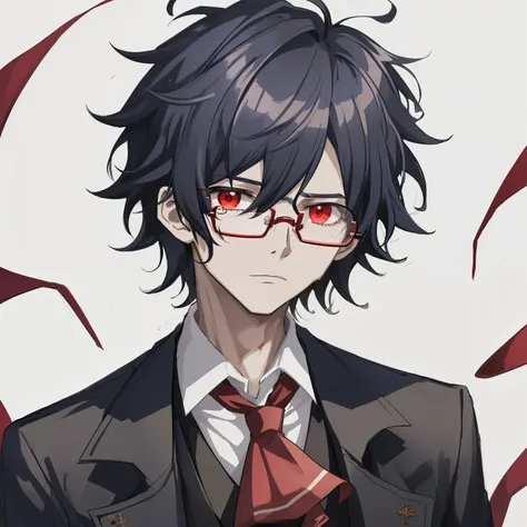 1boy, anime, unkempt_short_wavy_hair, black_hair, navy_blue_long_coat, red_waistcoat, black_ascot_tie, red_eyes, white_background, black_glasses, looking_at_viewer 