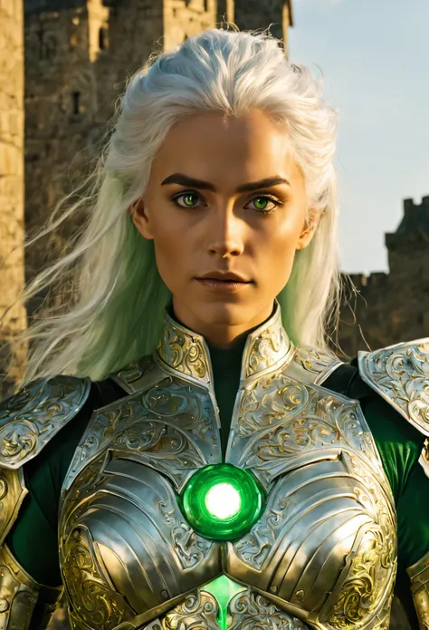 Green Lantern with green pupils, long bluish white hair, confident expression, wearing beautiful silver armor with golden patterns all over the armor, exuding a dark yellow glow, In the background, a medieval castle