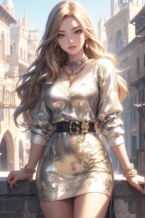 (best quality, masterpiece:1.2), perfect body, large breasts, cleavage, wide hips, big gorgeous eyes, full luscious lips, smile, parted lips, random avant garde fashion, walking pose, city streets, modern medieval, clean lines, vibrant, anime realism by ar...