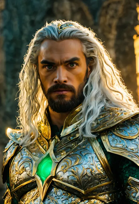 Aquaman with green pupils, long bluish white hair, confident expression, wearing beautiful silver armor with golden patterns all over the armor, exuding a dark yellow glow, In the background, a medieval castle