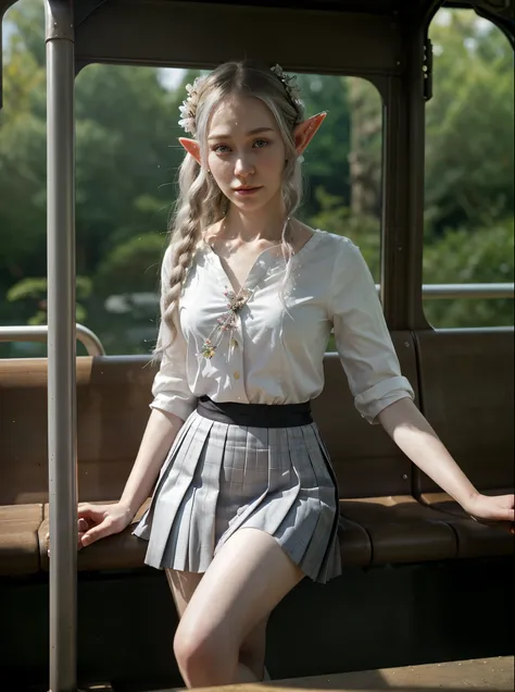 compose a scene where a realistic elf is waiting at the bus stop. describe her as she observes the movement around her, revealin...