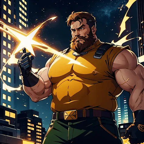 best quality, ultra detailed 90s marvel cartoon, handsome extra fat man, messy short hair in dark copper color, beard and mustac...