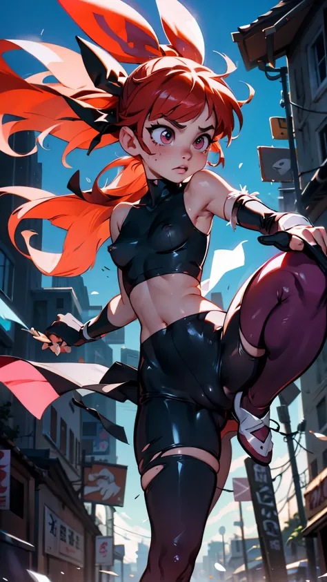 Blossom From Powerpuff Girls as a Violent Mature Themed Action Anime, Red Hair:1.2, Sexy Powerpuff Girls Anime, bloody battle damage and wear, ecchi Damaged and Ripped clothes, pink and black clothes, one nipple revealed through nsfw rips in clothes:1.2, v...