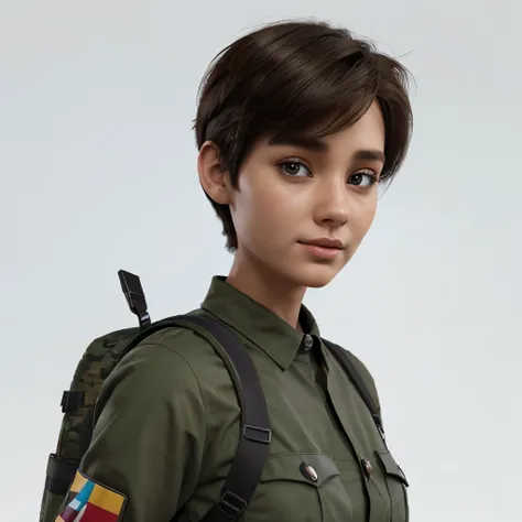 a handsome, brunette, happy Short hair, standing, wearing military uniform, with backpack, white background, Barnet, Toon, Pixar style, 3d, cartoon, detailed face, asymmetrical 16k