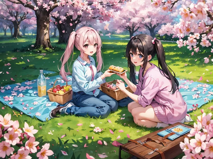 A park with cherry blossoms in full bloom　light blue long hair　Two girls with twin tails and a chibi character　Enjoying a picnic with a packed lunch　A happy smile　My dog looks happy too