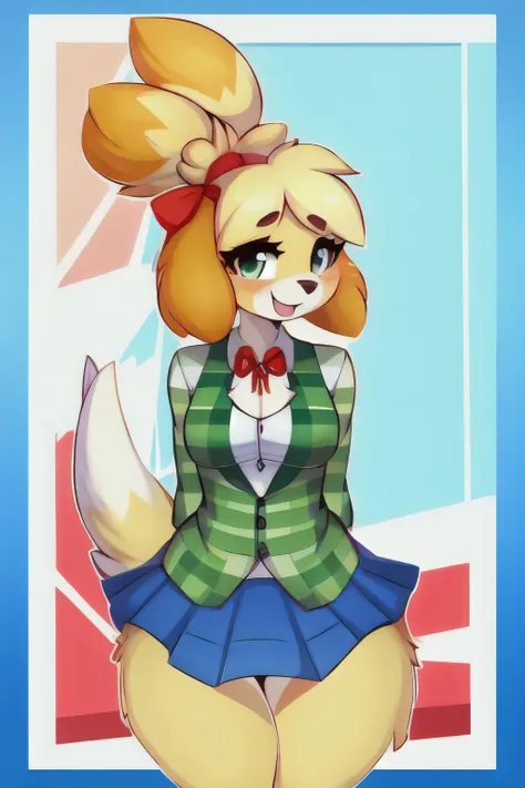 Masterpiece, best quality, happy, isacrossing, furry, furry female, topknot, green cardigan, white shirt, blue skirt, red ribbon, checkered pattern, sexy body, gorgeous body, beautiful, beautiful legs, yellow fur, blush