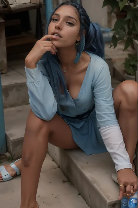 arafed woman with pelo azul sitting on steps smoking a cigarette, pretty girl with pelo azul, beautiful pelo azuled girl, with pelo azul, girl with pelo azul, short pelo azuled woman, pelo largo azul, pelo azuls, beautiful woman with pelo azul, long pelo a...