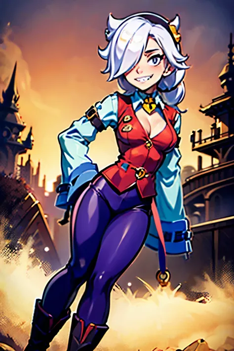 Masterpiece, best quality, happy, Colette, white hair, ponytail, hair over one eye, black eyes, small irises, sharp teeth, black headband, black choker with gold lock, light blue long sleeved shirt under vest, loose sleeves, red blazer vest, black boots, d...