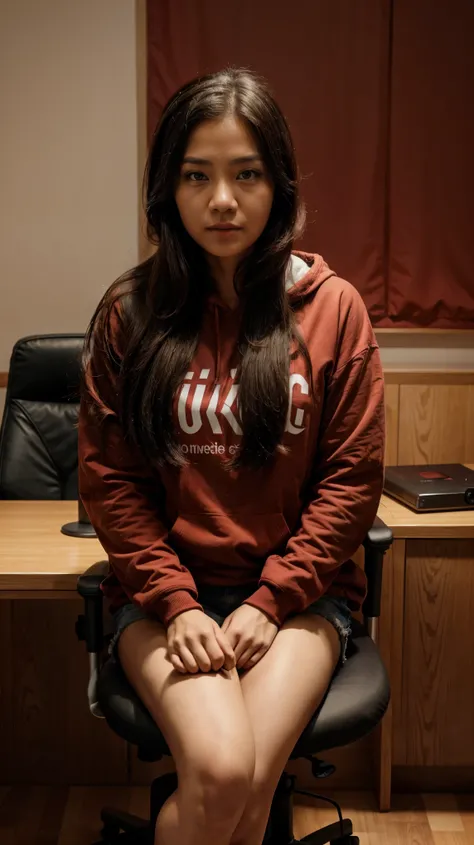 A 32-year-old Indonesian woman is making a podcast on the TikTok application, sitting in a gaming chair wearing a RENA hoodie. In front of her is a microphone and an Apple phone on a table, with a realistic HD background of a room with the words RENA writt...