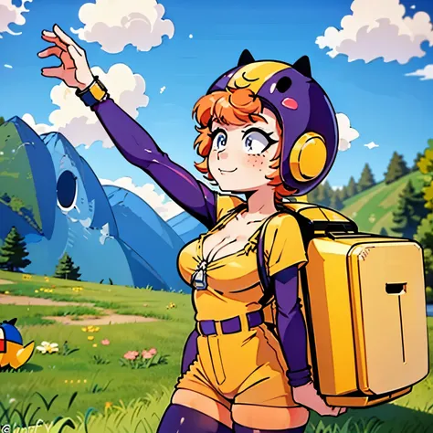 masterpiece, best quality, ((happy)), 1girl, orange hair, short hair, curly hair, freckles, helmet, bodysuit, yellow shirt, shor...