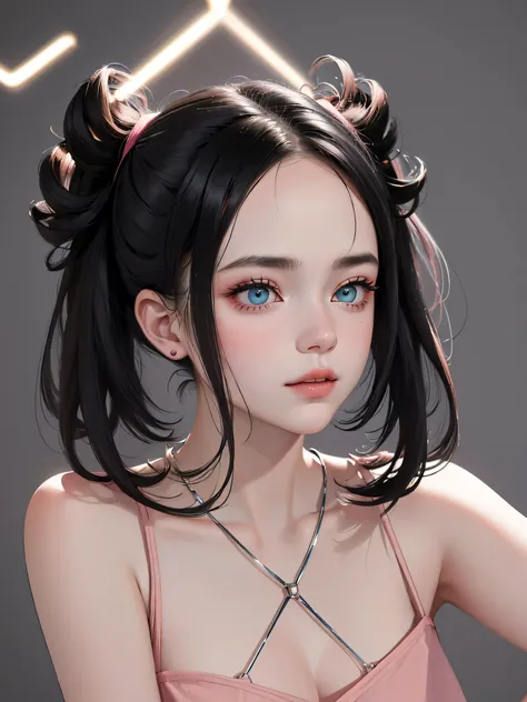 An exquisite masterpiece of top quality and high resolution featuring Marnie. Big sleepy eyes, Aqua eyes、Glowing under the dim light. black hair, much hair, messy hair, only head and shoulders, magazine style, pink top, russian girl, hyperrealistic.
