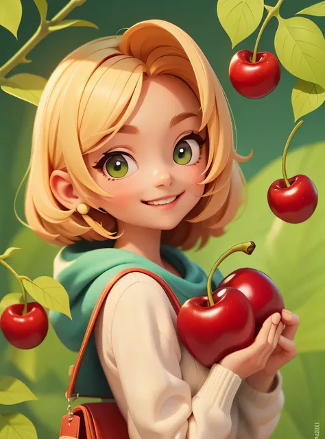 A smiling cherry with cute leaves and a friendly expression sticker :: Fruity and kind :: Red and green colors with cute expressions :: Adesivo 2D