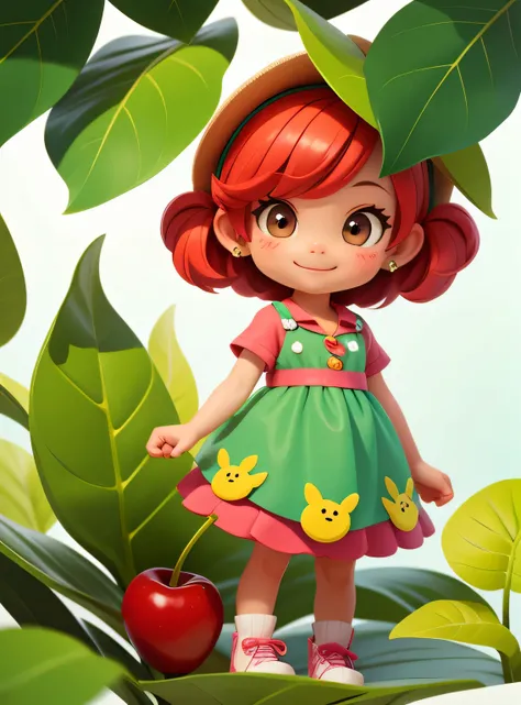 A smiling cherry with cute leaves and a friendly expression sticker :: Fruity and kind :: Red and green colors with cute expressions :: Adesivo 2D