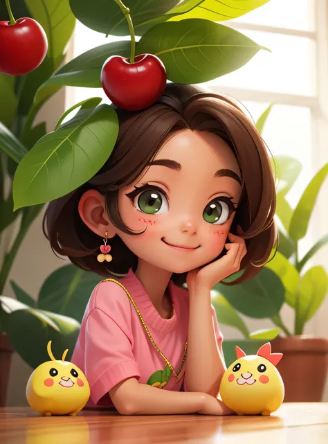 A smiling cherry with cute leaves and a friendly expression sticker :: Fruity and kind :: Red and green colors with cute expressions :: Adesivo 2D