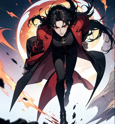 close up of a person in a red coat and black hair, alucard, full body, beautiful male god of death, vampire fashion, detailed anime character art, male vampire of clan banu haqim, full body black and red longcoat, l vampire, with his long black hair, andro...