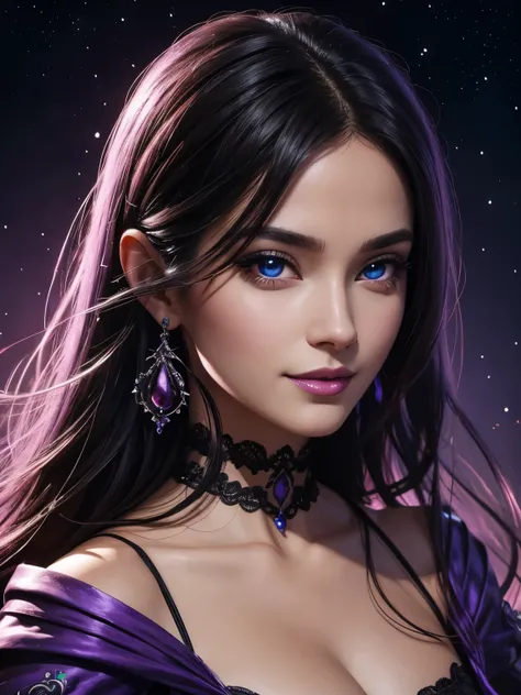 Portrait, beautiful woman with black hair and a silky purple dress, hourglass figure, symmetrical figure, highly detailed face, beautiful face, calming blue eyes, lush purple lips, smiling, alluring, stunning digital illustration, cosmic fantasy background...