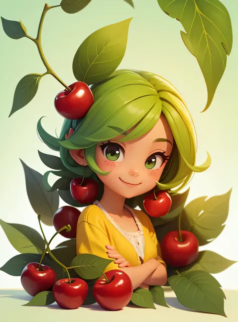 A smiling cherry with cute leaves and a friendly expression sticker :: Fruity and kind :: Red and green colors with cute expressions :: Adesivo 2D