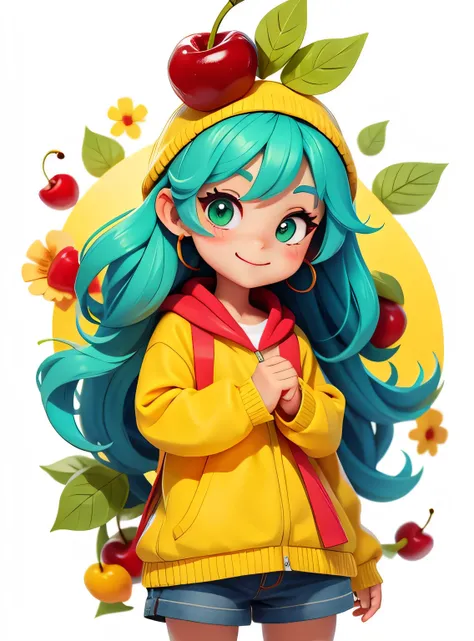 A small smiling cherry with cute leaves and a friendly expression sticker :: Fruity and kind :: Red and green colors with cute expressions :: Adesivo 2D