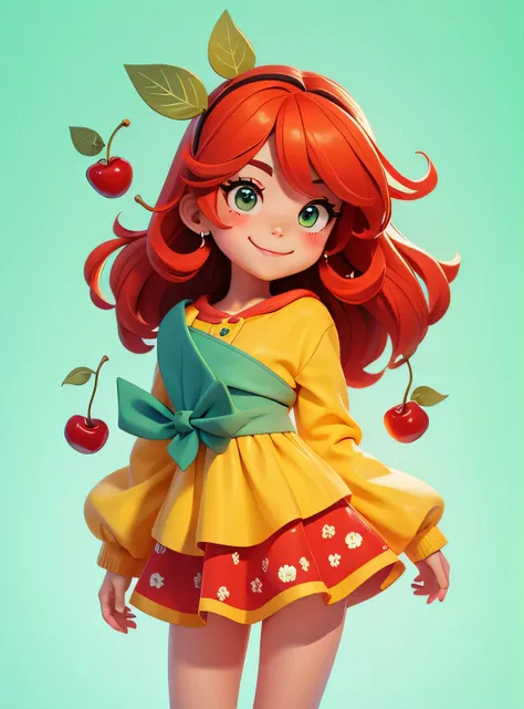 A small smiling cherry with cute leaves and a friendly expression sticker :: Fruity and kind :: Red and green colors with cute expressions :: Adesivo 2D