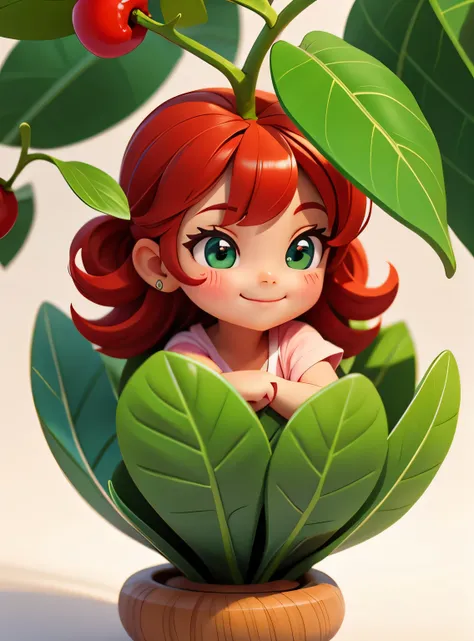 A small smiling cherry with cute leaves and a friendly expression sticker :: Fruity and kind :: Red and green colors with cute expressions :: Adesivo 2D