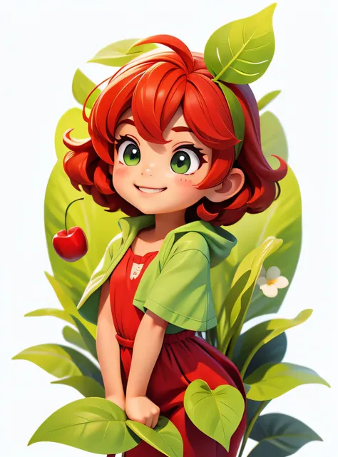 A small smiling cherry with cute leaves and a friendly expression sticker :: Fruity and kind :: Red and green colors with cute expressions :: Adesivo 2D