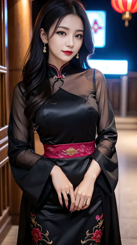 Super detailed、Japanese、charming beauty、seductive adult woman、Beautiful woman、sharp eyes、cool girl、wavy hair、long black cheongsam、wide sleeve、evilの幹部、evil depravity、brainwashing、Mind control、lipstick、grin、evilな表情、evil、empty eyes、evil、church at night、vampir...