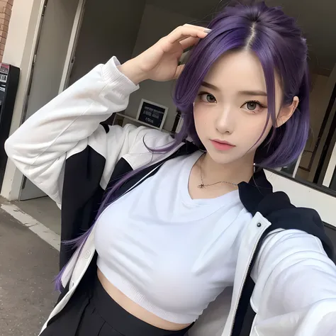 Rinka High School Student Purple Hair Cool White T-shirt Black Coat Finest 4K 1 person
