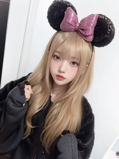 blond haired girl with pink minnie orejas de rconejo and black jacket, beautiful rabbit - girl, kemonomimi, bella delfina, orejas de conejo, chica anime cosplay, anime chica con orejas de conejo, disney!!, magical lolita girl portrait, chica anime en la vi...