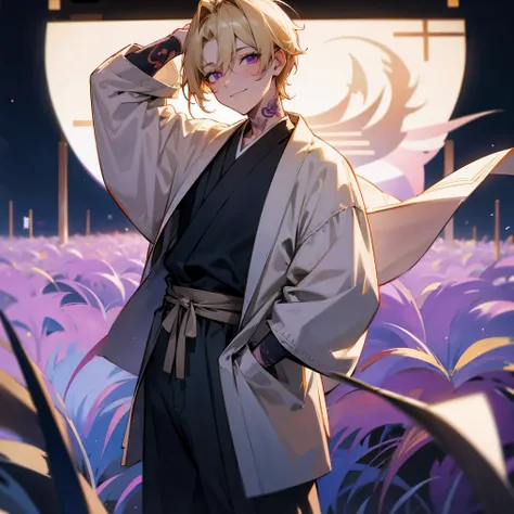 1male, adult, finely detailed lavender eyes, short messy hair, blonde hair color, loose open long sleeve haori, tattoos, loose baggy pants, standing with hands behind head, standing on open trail, night, confident smile, village