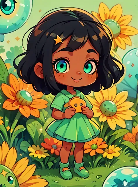 black girl with green eyes standing、Enfeite de cabelo limpo, (olhos detalhados, Olhos como joias, Olhos brilhantes:1.3) , Um sorriso, Sapatos fofos, flores, fundo simples