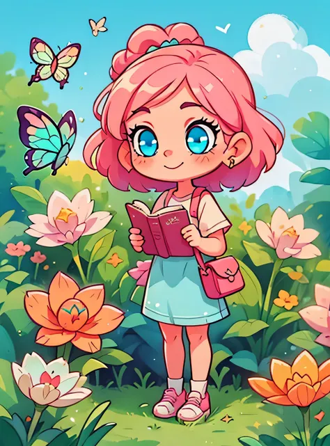 girl with pink hair and blue eyes standing、Enfeite de cabelo limpo, (olhos detalhados, Olhos brilhantes:1.3) , segurando livros, Um sorriso, Sapatos fofos, flores, borboletas, fundo simples