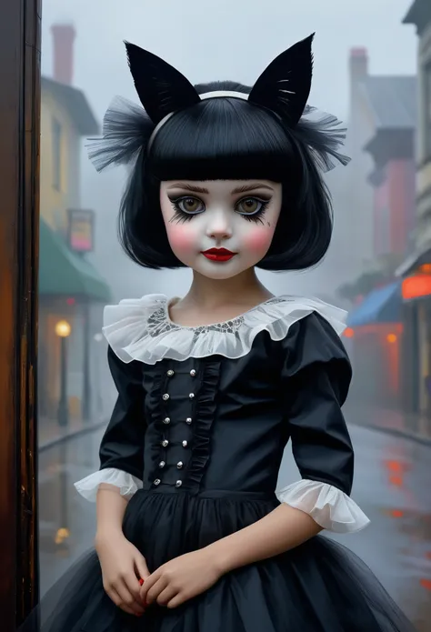 ((style by Esao-Andrews + Emil Vernon)) little sweet Abigail, smile, Strong Gothic Makeup, Headband on black hair, Big bangs to the eyes, in a classic doll dress with a corrugated hem and tulle ruffles, A cats head sticks out of the pocket of his dress, Gl...