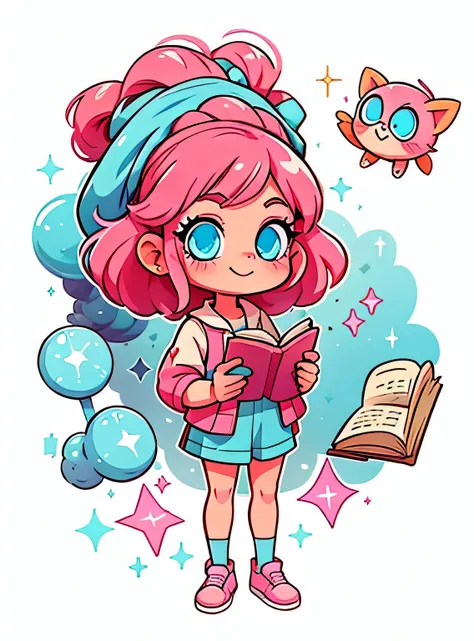 girl with pink hair and blue eyes and glasses, Standing、Enfeite de cabelo limpo, (olhos detalhados, Olhos brilhantes:1.3) , segurando livros, Um sorriso, Sapatos fofos, fundo branco