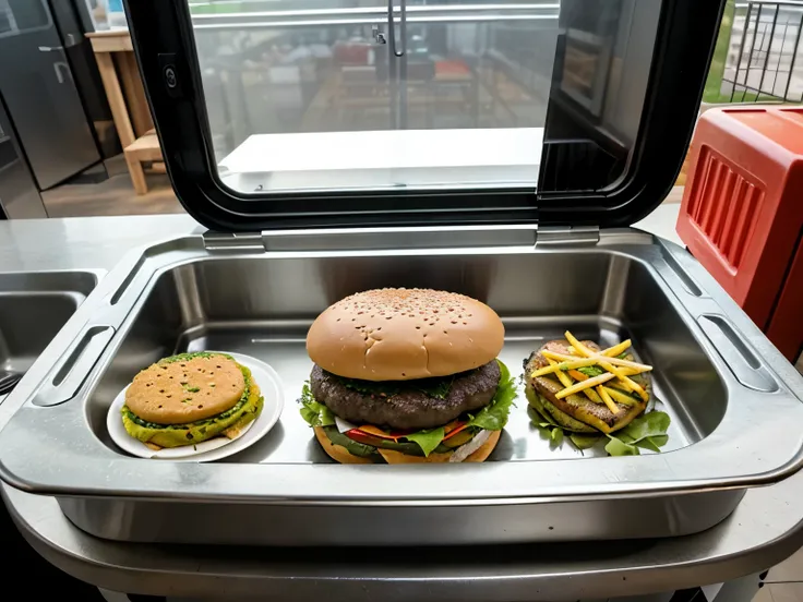 Inside a Kombi food truck counter sink cabinet burger plate