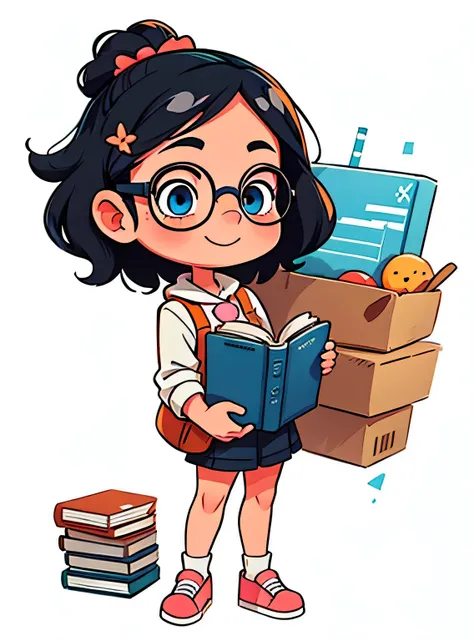 girl with black hair and blue eyes and glasses, Standing、Enfeite de cabelo limpo, (olhos detalhados, segurando livros, Um sorriso, Sapatos fofos, fundo branco