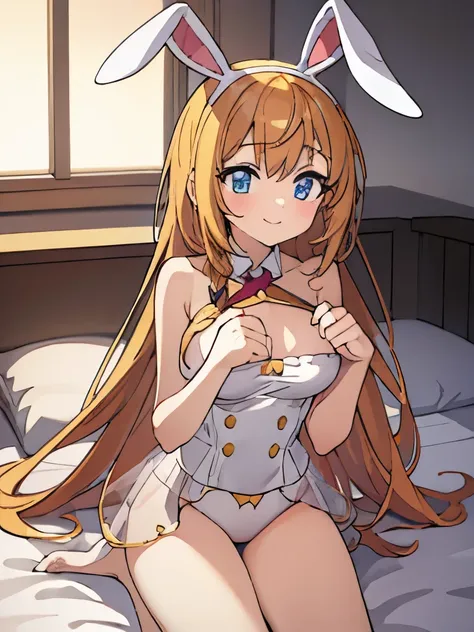 ((muste piece)), ((best quality)), (Super detailed), anime style etc.,peeing on the bed, pretty girl, 1 girl, solo, ((beautiful eyes)), shy smile, small breast, bunny girl00