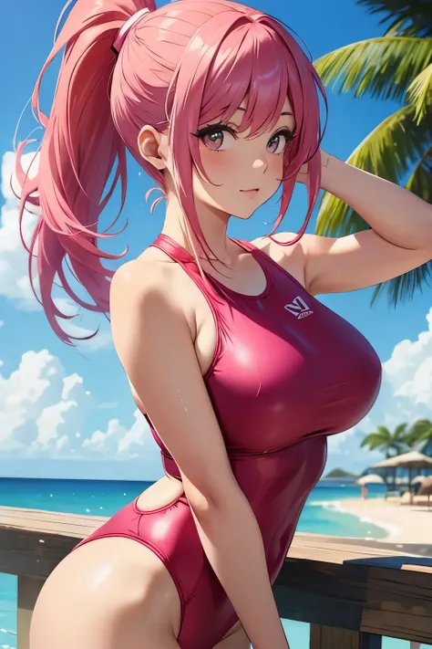 Beautiful girl, pink hair, ponytail, red swimsuit, sexy,