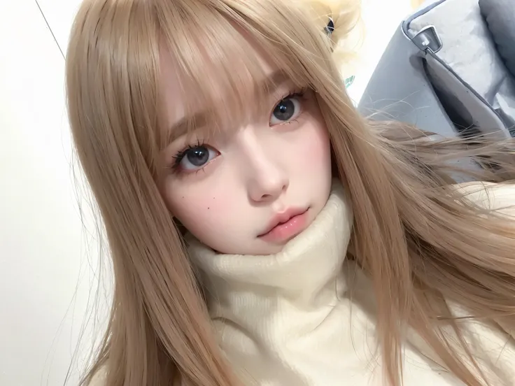 Arafed woman with long hair and a white turtleneck sweater., linda cara de anime natural, Retrato realista kawaii, ulzzang, linda chica kawaii, hermosa cara de chicas japonesas, chica anime joven realista, cara de chica anime extremadamente linda, chica an...