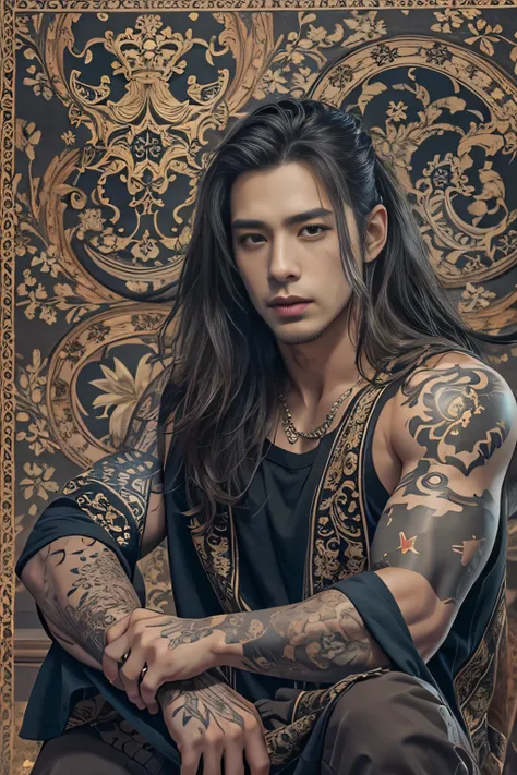 masterpiece, best quality, handsome Asian 30 year old, fair skin male, long dark hair, perfect face, chest abs, full body tattoos, long hair, tattoos