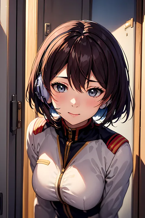 Anime girl in uniform standing in the doorway with the intercom turned on, Character portrait by Mr.. Simoo, pixiv, shin hanga, portrait anime space cadet girl, marin kitagawa fanart, Makoto Shinkai ( apex legendakoto shinka, Kantai Collection Style, femal...