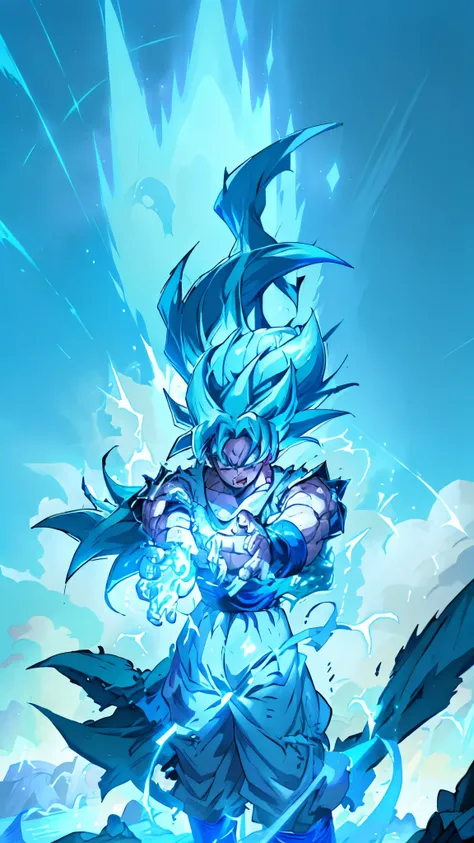 Super Saiyan Goku unleashes a massive energy wave while standing in a desert field after battle, the surroundings are filled with lush greenery, and the sky is a mix of blue and white hues. The energy wave is bright gold with glowing purple electric sparks...