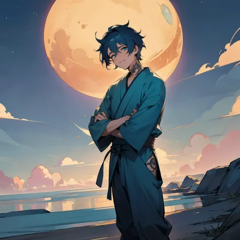 1male, adult, finely detailed aqua eyes, short messy hair, azure hair color, loose open long sleeve haori, tattoos, loose baggy pants, standing with hands behind head, standing on open trail, night, confident smile, village