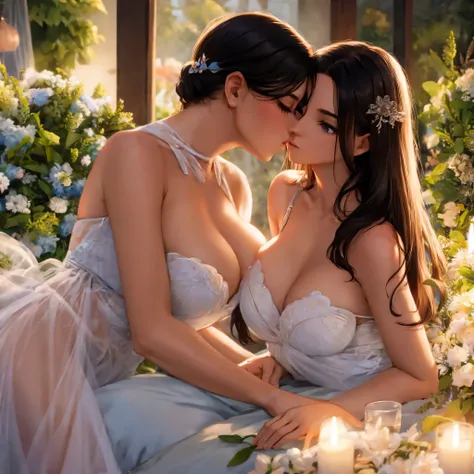 two girl kissing, see her ass,(bright lighting,romantic setting),dreamy background,bondage,dark hair, mesmerizing gaze, , soft skin, alluring beauty, artistic portrait, high-quality image, vibrant colors,translucent silk wedding dress, mosquito net,