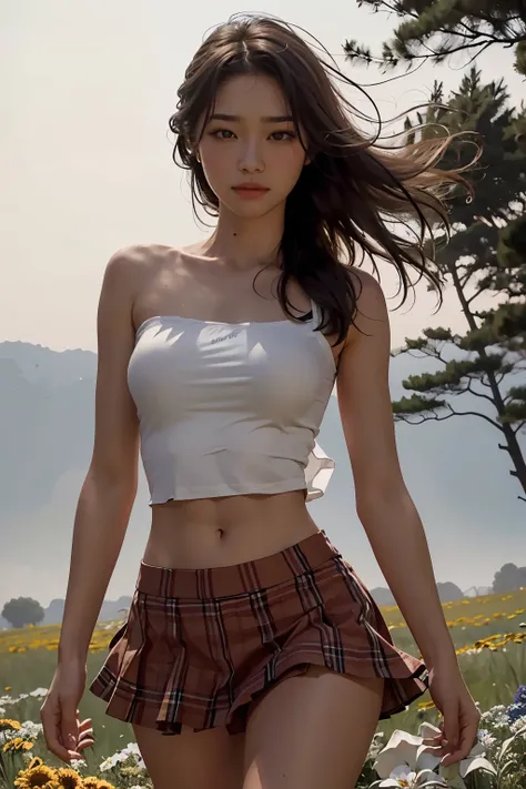 a photorealistic image of a beautiful euro-asian girl, with long flowing messy hair, adorned in a white low-cut loose tank top a...