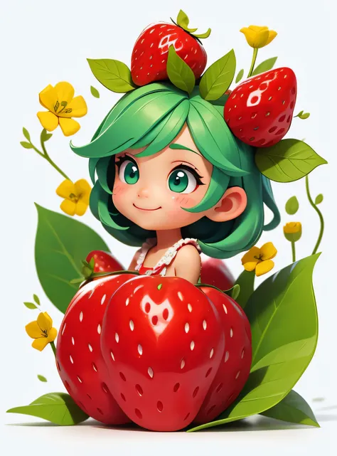 A small smiling strawberry with cute leaves and a friendly expression sticker :: Fruity and kind :: Red and green colors with cute expressions :: Adesivo 2D