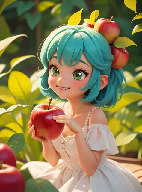 A small smiling apple with cute leaves and a friendly expression sticker :: Fruity and kind :: Red and green colors with cute expressions :: Adesivo 2D